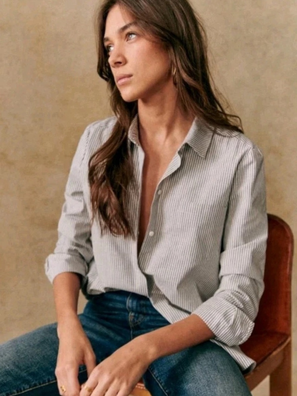 Sezane Slim Stripe Button-Down Shirt in White & blue Pinstripe 34